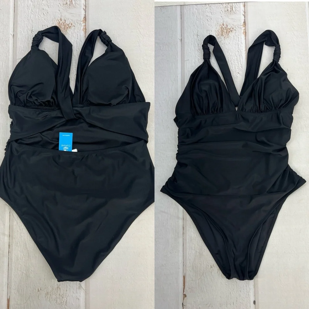One Piece Swimsuit Deep V Neck Tummy Control Ruched V Back Classic‎ Bathing Suit - Picture 11 of 16